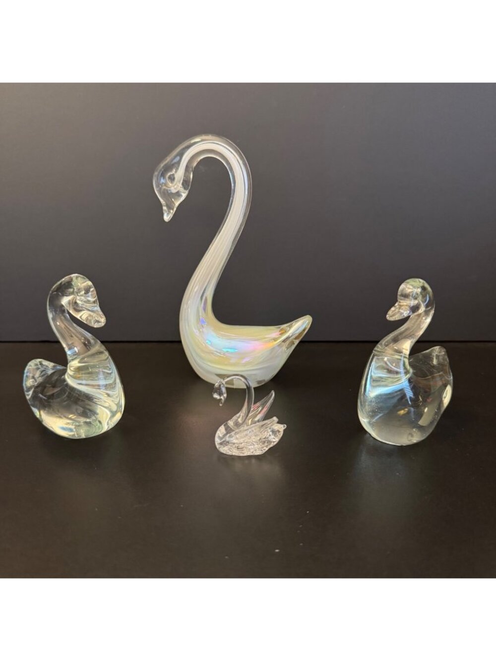 Set Of 4 Clear & Iridescent Glass Swan Figurines Decorative Crystal Accents